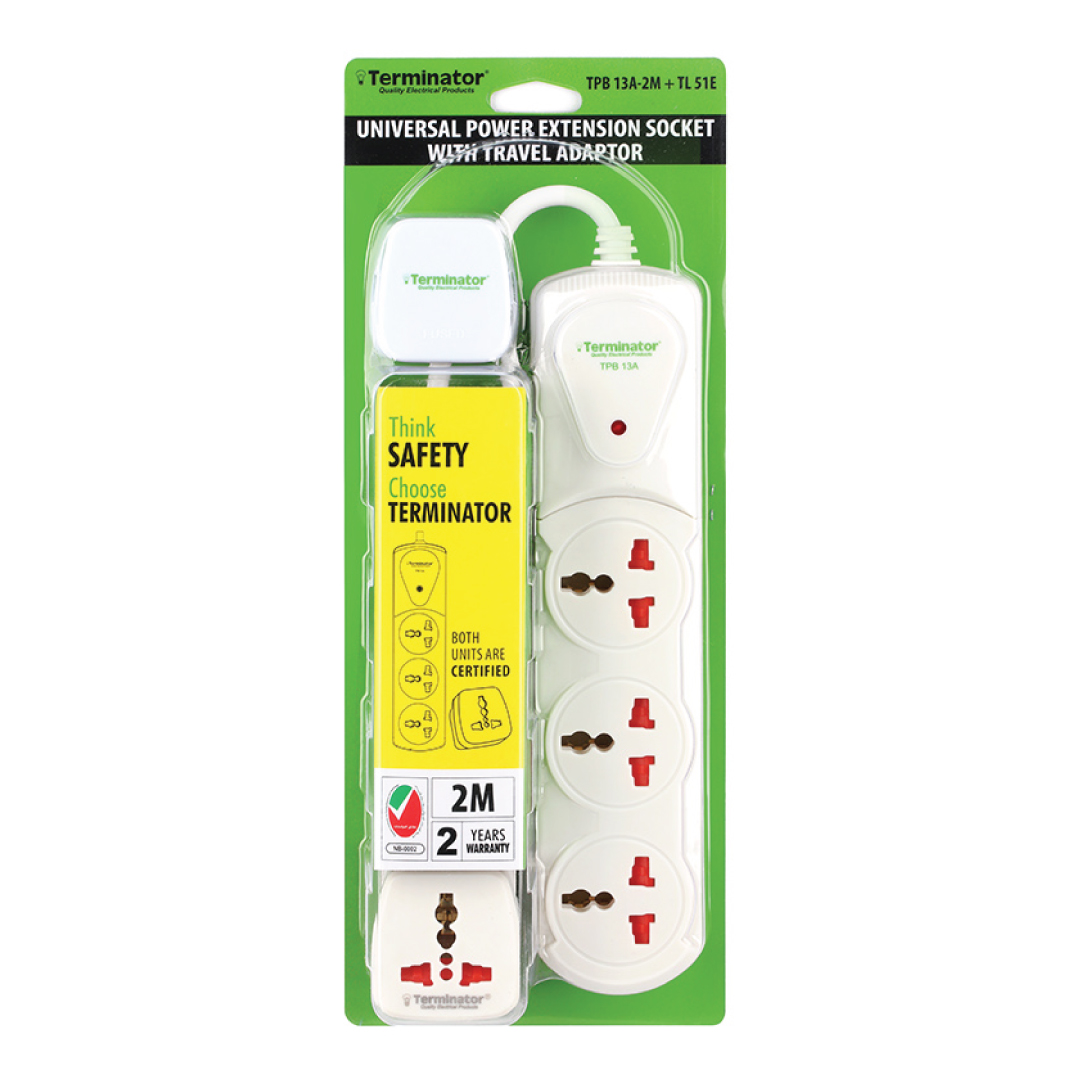 3-Way Universal Power Extension Socket With Single Indicator 1.00mm2 Cable 2M 13A Fused Plug + Universal Travel Adapto