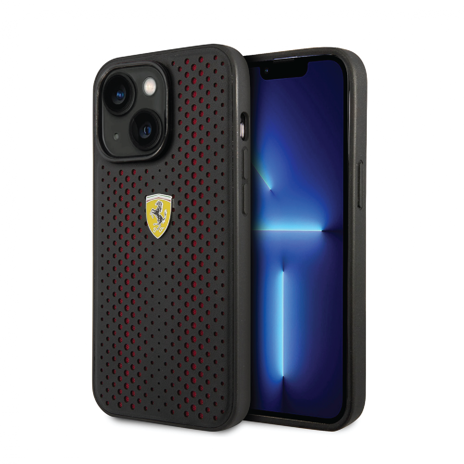 Ferrari PU Leather Perforated Case With Nylon Base & Yellow Shield Logo For iPhone 14 Plus - Red