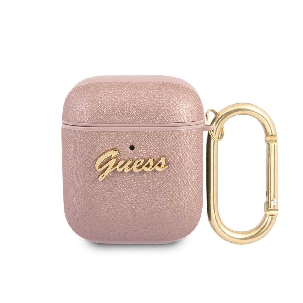 Guess PU Saffiano Case with Script Metal Logo for Airpods 1/2 - Pink