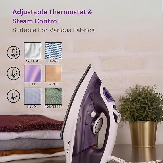 DOMEA 2200 Watts Steam Iron|Adjustable Thermostat | Anti Drip Function, Light Weight With Ceramic Sole Plate, For All ClothTypes, Anti Calc & Auto Clean, Spray & Steam Burst Setting |2 Years Warranty