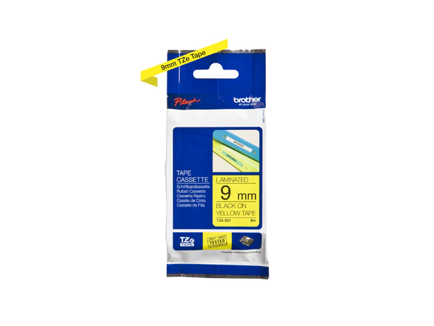 Brother P-touch 9mm TZe-621 Laminated Tape, 8 m, Black on Yellow