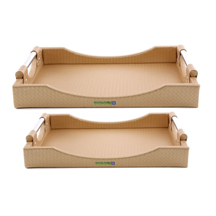 Royalford 2Pcs Leather Tray - Dinner/Drinks Serving Tray - Leather Breakfast Coffee Table With Handles For Breakfast In Bed - Non-Slip Surface - Multipurpose Tray