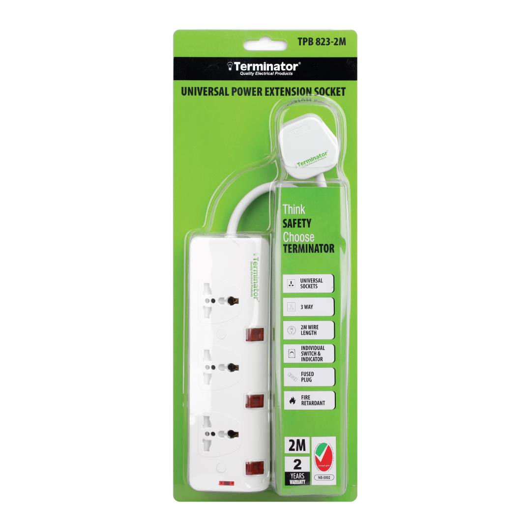 3-Way Universal Power Extension Socket With Individual Switch + Indicator