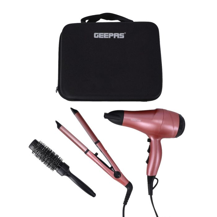 Geepas 4 In 1 Hair Dressing Set - Portable Hair Dryer, Straightener, Curler With Eva Bag | 2000W | Ideal For Styling All Hairs