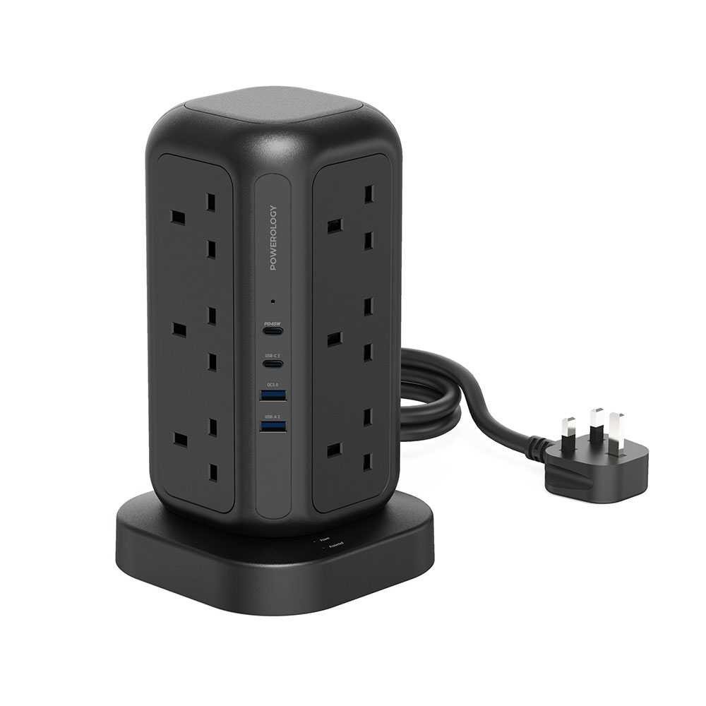 Powerology 12 Socket Multi-Port Tower Hub PD 45W 3250W 3M - Black