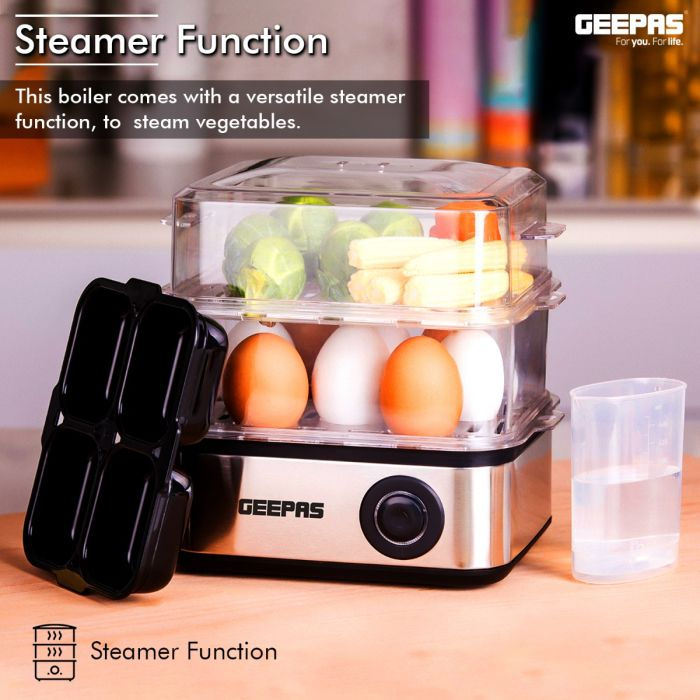 Geepas 500W Premium Electric Egg Boiler For 16 Eggs With Poacher & Omelette Maker Bowl, Can Boil, Poach And Make Omelettes