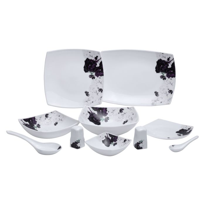Royalford RF9757 71Pcs Opal Ware Dinner Set - Floral Design Plates, Bowls, Spoons & Salt & Pepper Set | Comfortable Handling | Ideal For Everyday Use, Family Get- Together, Restaurant, Banquet (Purple