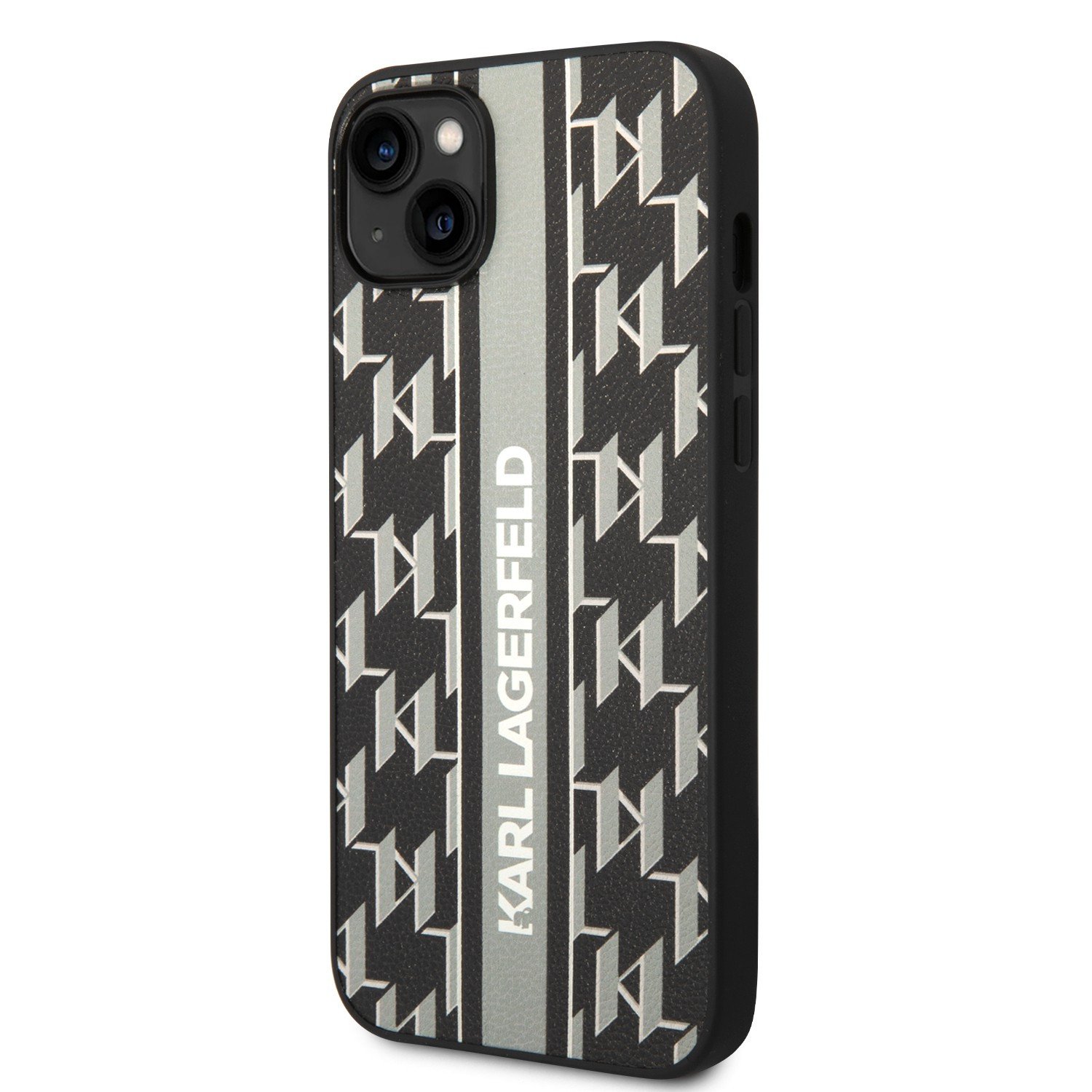 Karl Lagerfeld Grained PU Leather Case With Monogram Pattern & Vertical Logo Stripe iPhone 14 Plus - Grey