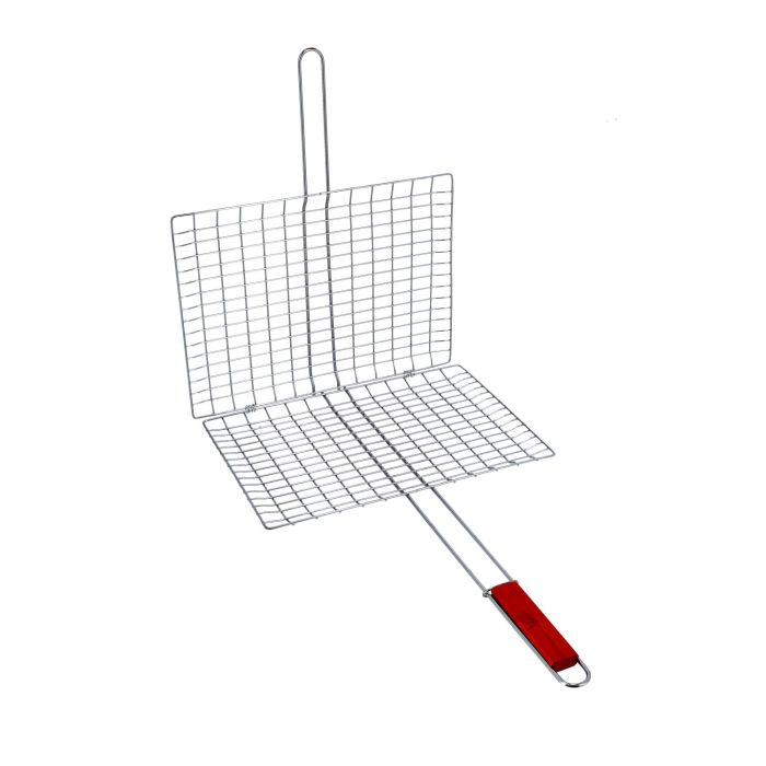 Barbeque Grill Chromium Plated Iron, RF10380 - Wooden Handle, Folding Portable BBQ Grill Basket For Fish Vegetables Shrimp, Larger Grilling Area