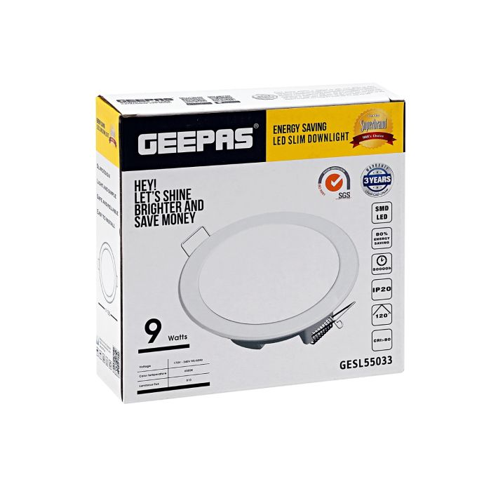 Geepas Round Slim Downlight Led 9W - Downlight Ceiling Light | Natural Cool White 6500K | Long Life 50,000 Burning Hours | Ultra Slim | 3 Years Warranty