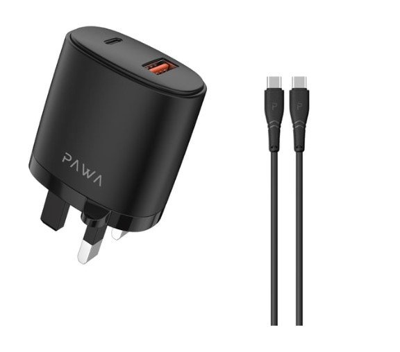 Pawa Solid Travel Charger Dual PD & QC Port With Type-C to Type-C Cable-black