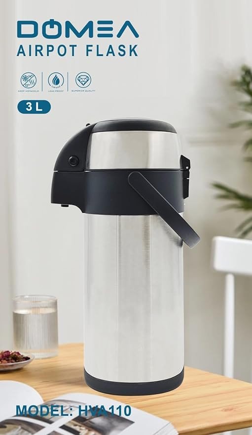 DOMEA 3 L Airpot Flask, Stainless Steel, Leak Proof Thermal Flask | Hot And Cold Drink Dispenser | Portable, Perfect For Tea, Coffee Serving | 12 Hours Heat Retention, Insulated Pump Action, Silver