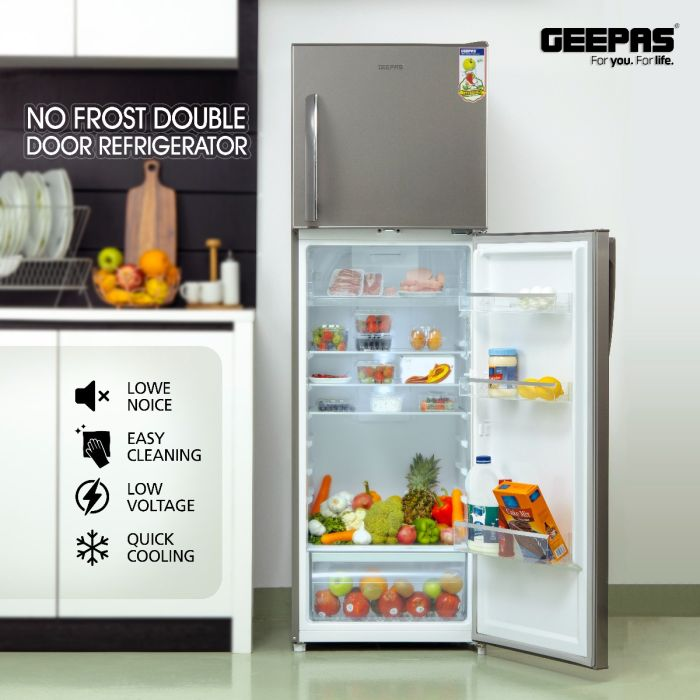 Geepas 320L Double Door Refrigerator - Free Standing Durable Double Door Refrigerator, Recessed Handle, Quick Cooling, Low Noise, Low Energy Consumption, No Frost Refrigerator