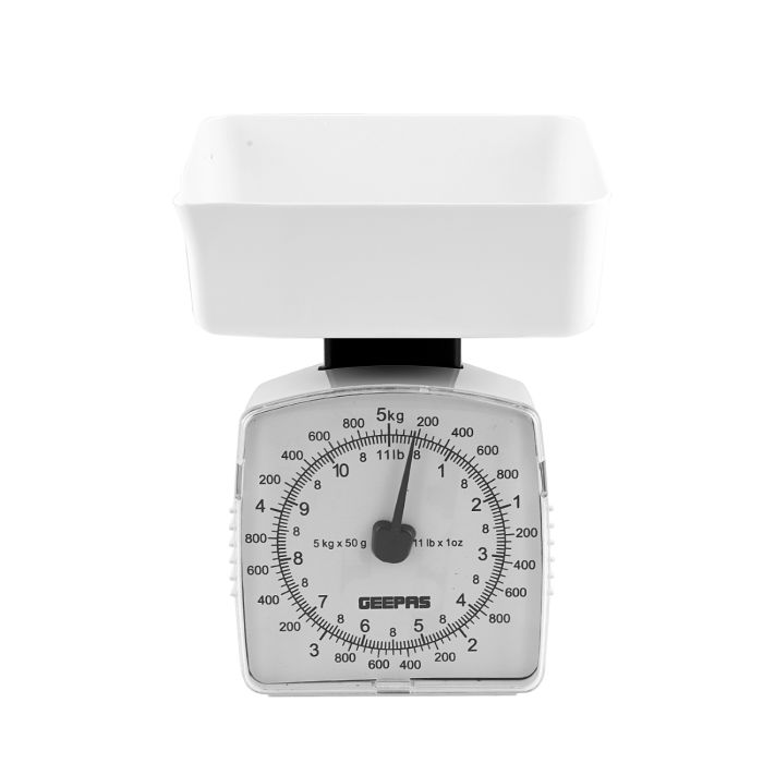 Geepas Kitchen Analog Kitchen Scale - Kitchen Food Scale And Multifunction Weight Scale With Removable Bowl, 11 Lb 5kg | 2 Years Warranty