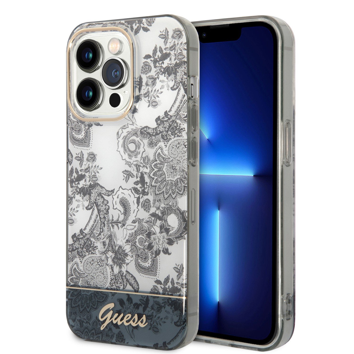 Guess PC/TPU IML Case With Double Layer Electroplated Camera Outline & Toile De Jouy For iPhone 14 Pro - Grey