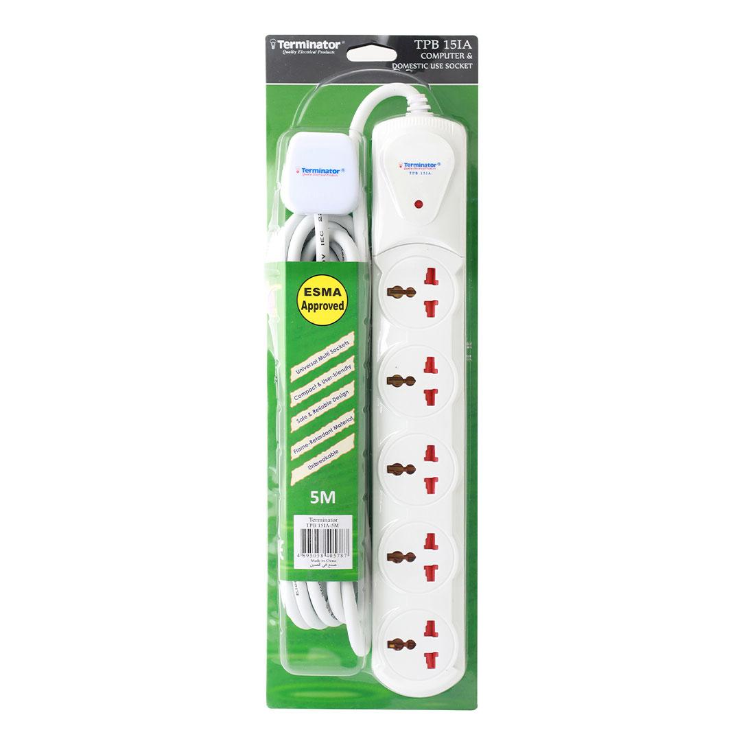 5 Way Universal Power Extension Socket 1.25mm2 Cable Single LED Off White Body 5M Cable 13A Plug