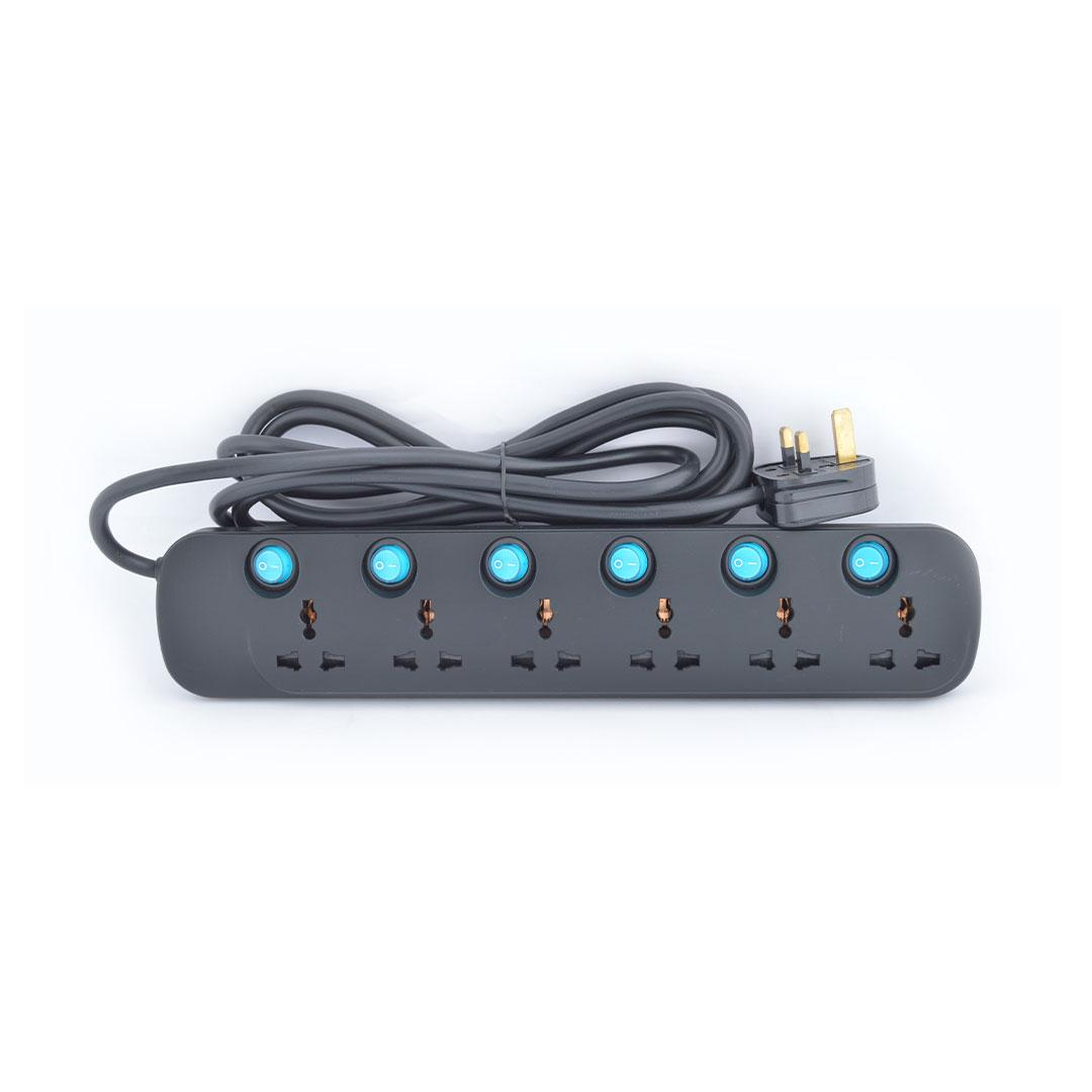 6 Way Universal Power Extension Socket 3X1.25MM2 Black Body & Blue Switch 3M Cable 13A Plug