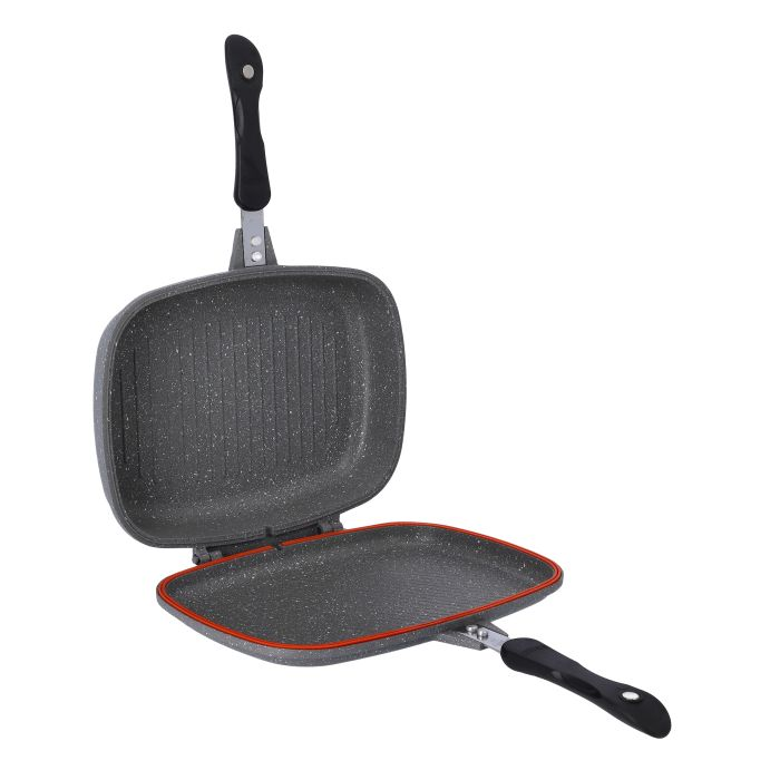 Royalford 32 Cm Smart Double Grill Pan - 3 Layer Granite Non-Stick Coating With Magnetic Handle - Flipping Grill Frying Pan | Multiple Hob Compatibility | Ideal For Grilling Chicken, Vegetable, Meat &