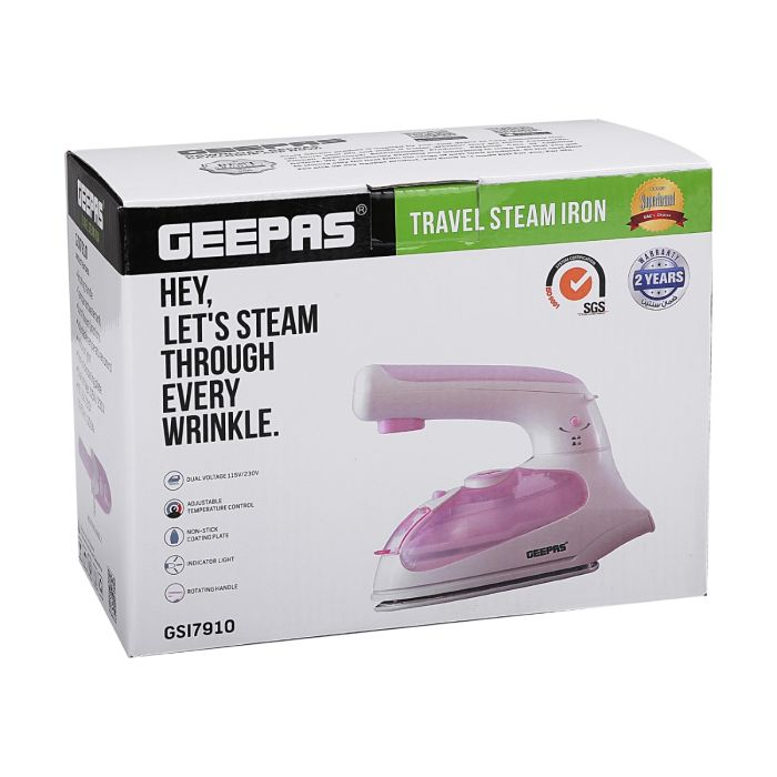 Geepas 1000W Dry Iron With Foldable Handle | Non-Stick Coating Plate & Adjustable Thermostat Control | Dual Voltage Steam Shot, Transparent Water Tank, Durable Material - 2 Years Warranty