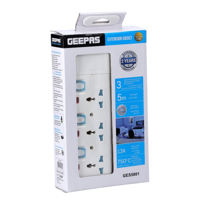Geepas 3 Way Extension Socket 13A - Extension Lead Strip With Led Indicators | Child Safe, Extra Long Cord With Over Current Protected | Ideal For All Electronic Devices | 2 Years Warranty