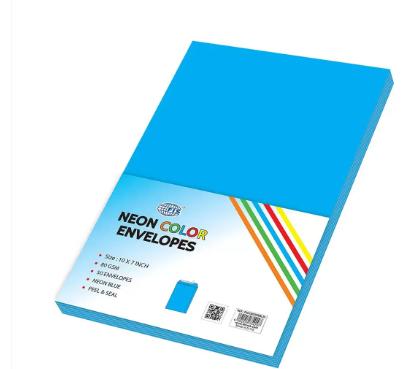FIS Color Envelopes Peel & Seal, Neon Colors, Pack of 50 Pcs. Blue Color, 10 x 7 Inch, 80 GSM - FSEC8033PBBL50