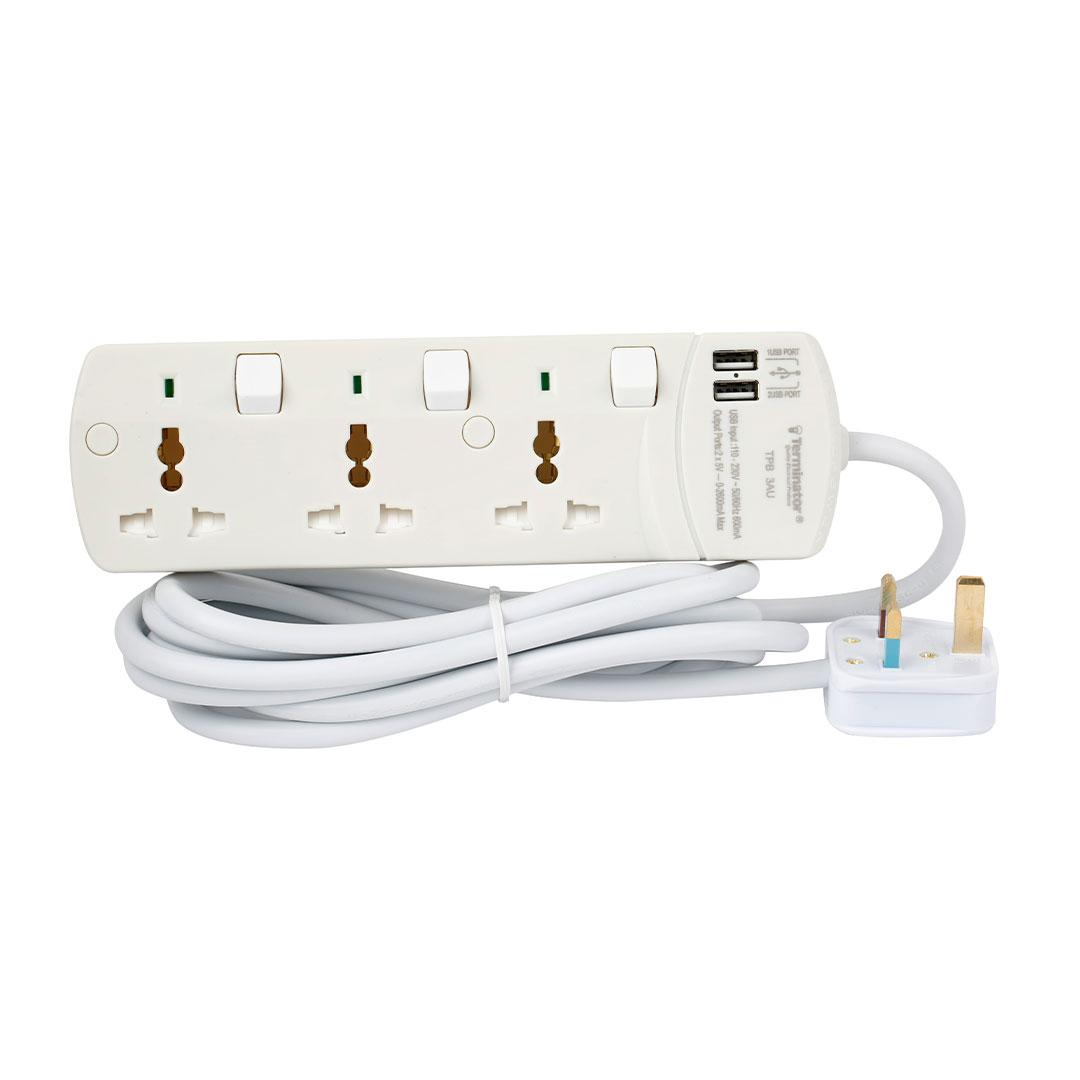 3 Way Universal Power Extension Socket With 2USB