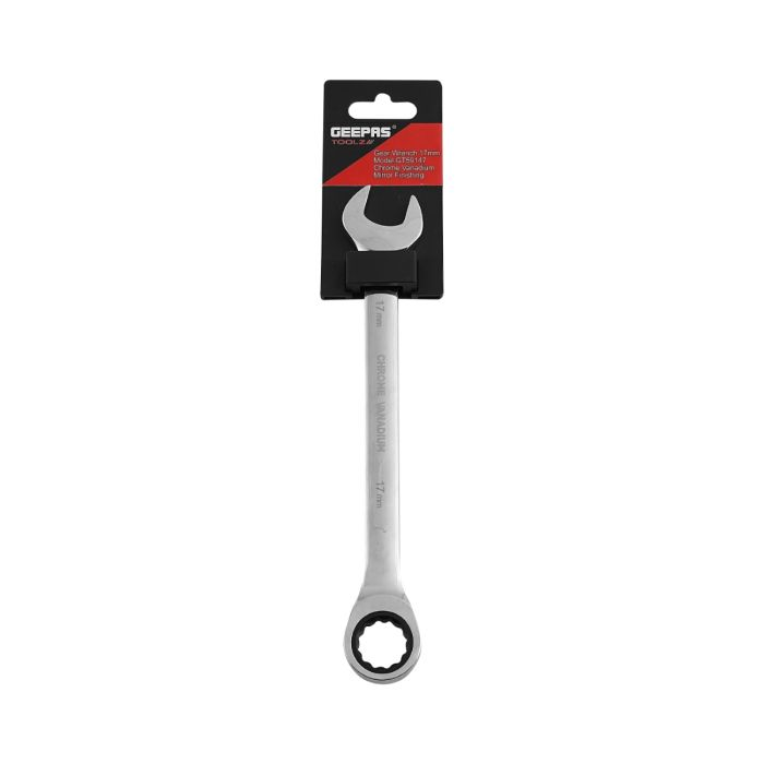 Geepas 17mm Gear Wrench With Plastic Hanger - Part Ring/Open-Ended Spanner With Ratchet Function | CRV, Mirror Finish | Ideal For Mechanic, Plumbers, Carpenter, DIYers And More