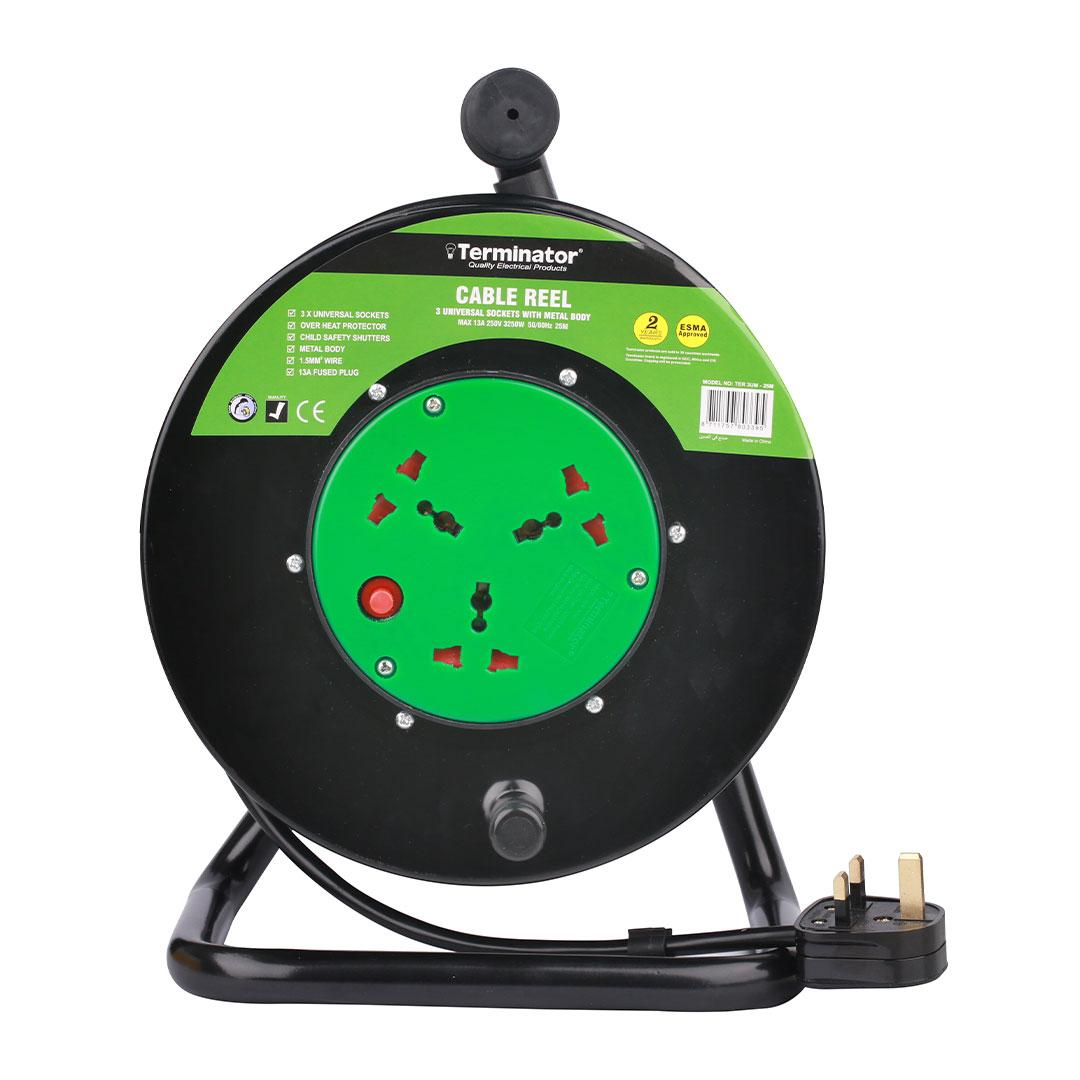 3 Way Universal Power Extension Reel Metal Over Heat Protector 25M Cable 3×1.5MM2 With 13A Fuse Plug