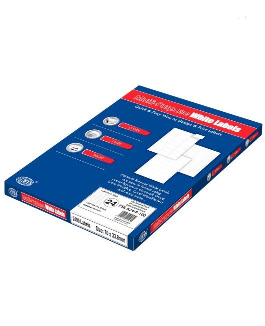 Fis FIS Multipurpose Laser Labels, Colour White, Size 70X33.8MM, (24 Sticker x 100 Sheet) A4 Size, E.U. Origin Material - FSLA24-6-100