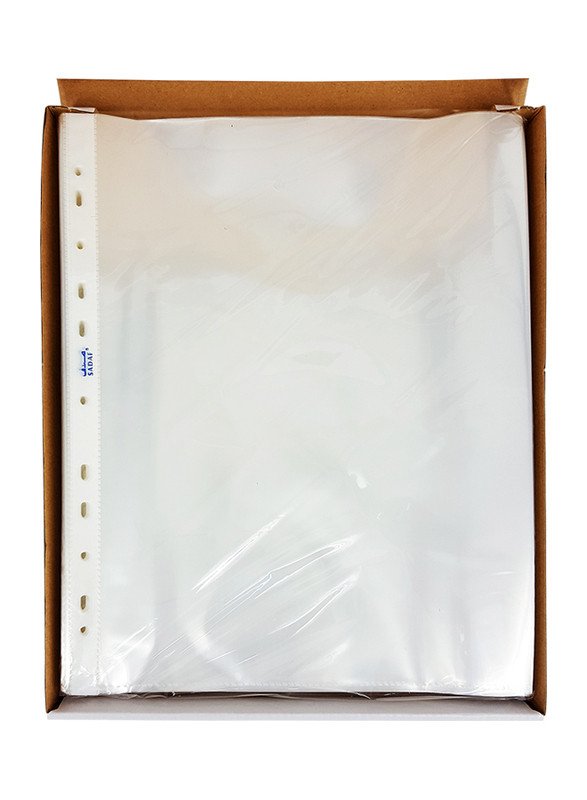 Sadaf Punched Pocket, A4 Size, White Strip, 60 Microns, 100 Sheets, Clear