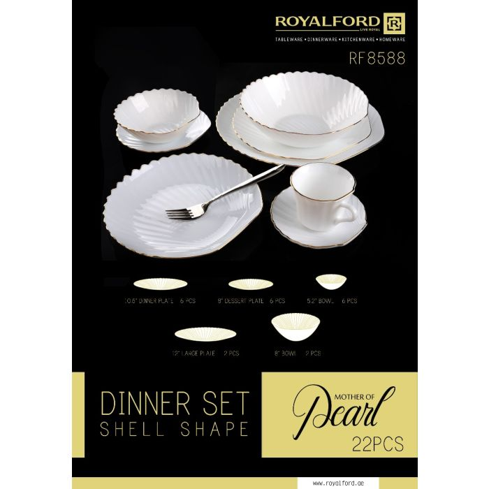 22-Pcs Dinner Set Shell Shape, Durable & Lightweight, RF8588 | Design Plates, Bowl, Pot, Cups &Saucer | Comfortable Handling | Perfect For Everyday Use, Get- Together, Restaurant, Banquet & More
