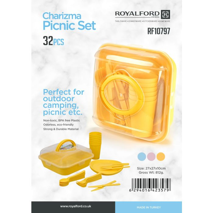 Royalford 32-Piece Charizma Picnic Set| RF10797| Reusable Plate And Glass Set| Outdoor Tableware| Reusable Cutlery| Suitable For Outdoor Picnic, Camping And Other Activities