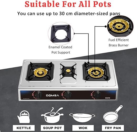 DOMEA Stainless Steel Gas Burner With Auto Ignition | 3 Burners Stove, Brass Burner With Conveniet Pot Holder, 60% Gas Save, Perfect For Home, Apartments, Parties|Table Top, Portable