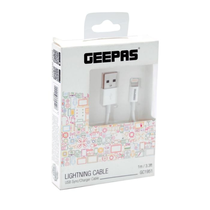 Geepas Lightning Cable1M 5V - IPhone Charger Cable, USB Fast Charging Cable For IPhone 7 Plus/ 7/ 6s/ 6 Plus/ 5c/ Ipad Pro/ Ipad Air And Other Apple Models - White