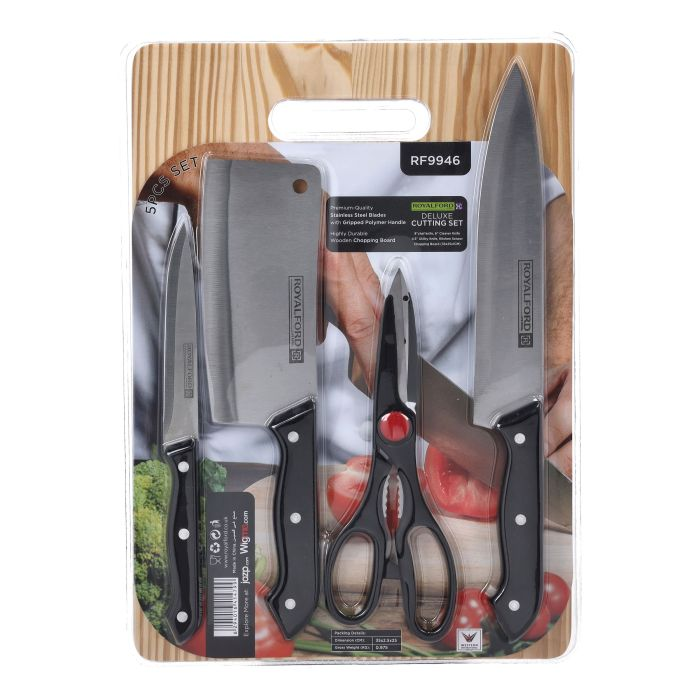 Royalford RF9946 5 PCS Deluxe Cutting Set - Portable Complete Set With Cleaver Knife, Chef Knife, Scissor, Utility Knife & Cutting Board - Stainless-Steel Blades | Ideal For Chopping, Mincing & More