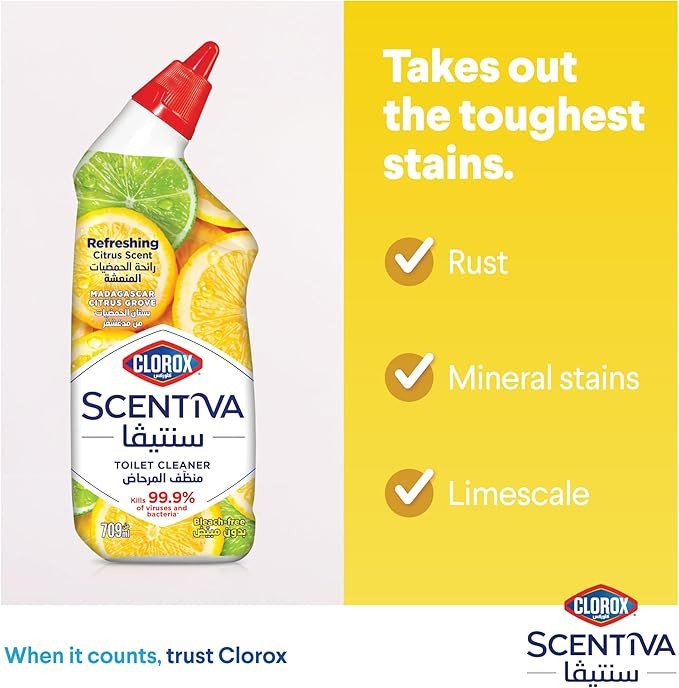 Clorox Scentiva Toilet Cleaner Triple Pack 709 ml, Madagascar Citrus Grove, Bleach Free, Kills 99.9% of Viruses and Bacteria