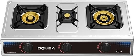 DOMEA Stainless Steel Gas Burner With Auto Ignition | 3 Burners Stove, Brass Burner With Conveniet Pot Holder, 60% Gas Save, Perfect For Home, Apartments, Parties|Table Top, Portable