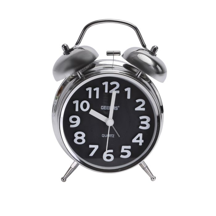 Geepas Twin Bell Alarm Clock - Portable, Lod Classic Analogue Alarm Clock With Backlight | Chrome Silver Body With Glass Lens | Round Twin Bell Clock With Step Movement