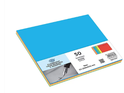 FIS Color Envelopes Peel & Seal, Neon Colors, Pack of 50 Pcs. 5 Asst Color, C4 (229 x 324 mm), 80 GSM - FSEC8042P5B50