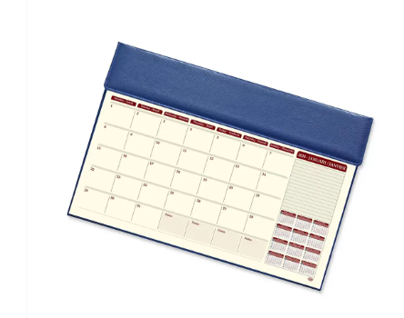 FIS Year Planner 2024 (English/French) with Vinyl Desk Blotter and Bonded Lether Flap, Blue - FSDKVIBLEF24BL