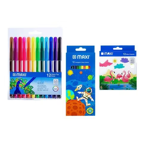Maxi 12 Triangular Colour Pencils With 12 Wax Crayons And 12 Fibre-Tip Pens