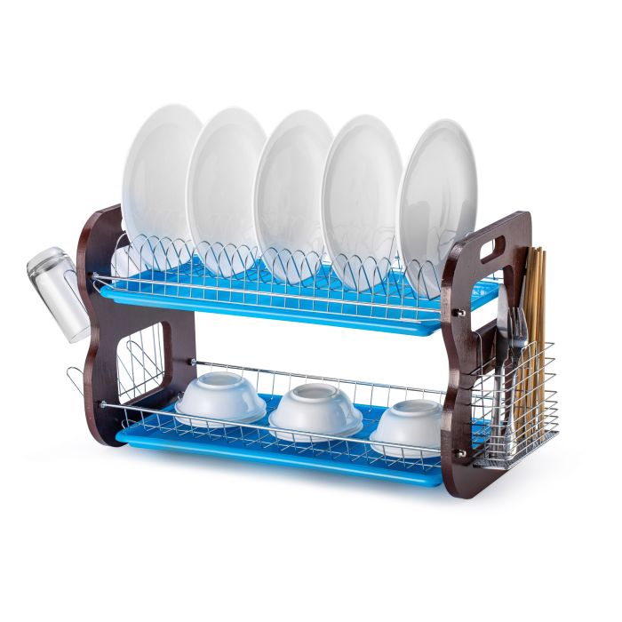 Kitchen 2 -Tier Stainless Steel Dish Drainer Rack - Utensil Holder, Drying Rack, With Plastic Trays & Organization Shelf - Compact, Durable & Easy To Assemble - Strong MDF Wood Stands