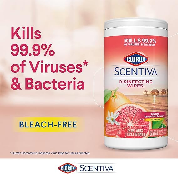 Clorox Scentiva Disinfecting Wipes Tahitian Grapefruit Splash, Multi-Surface Bleach Free Cleaning Wipes, Triple Pack 75 Wet Wipes