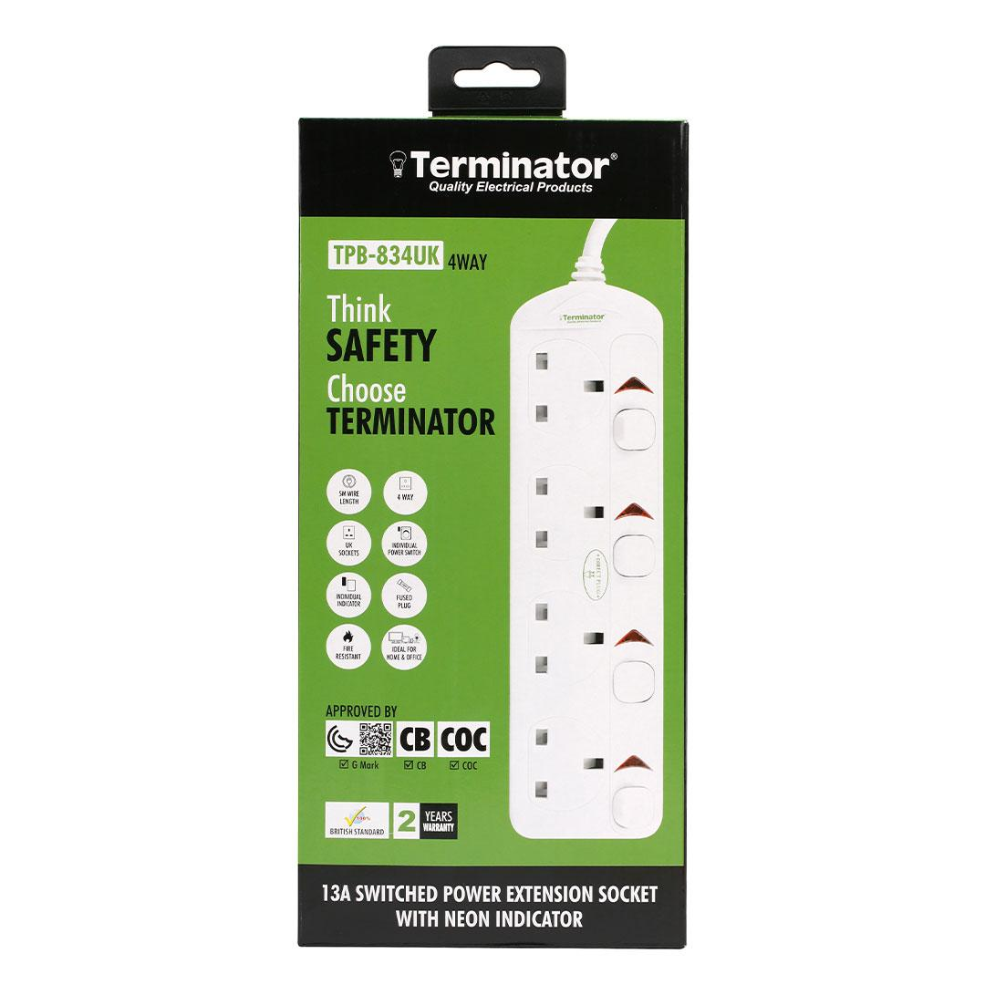 4 Way UK Power Extension Socket With Individual Switches 5M 1.25mm2 Cable 13A Plug