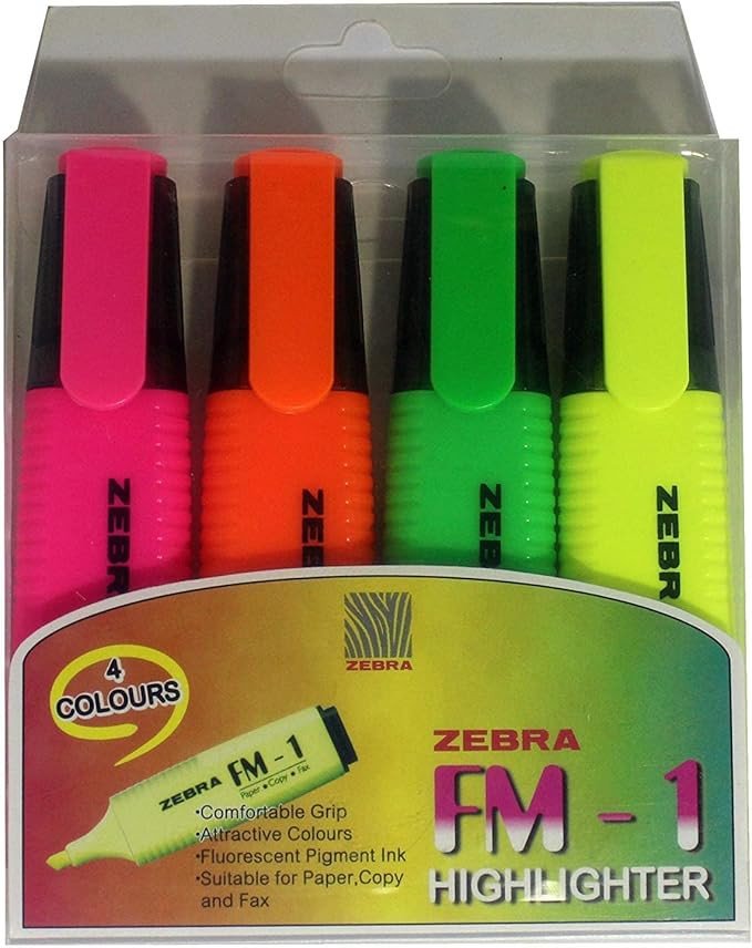 Zebra Fluorescent FM1 Highlighters Set of 4 Green Pink Orange & Yellow