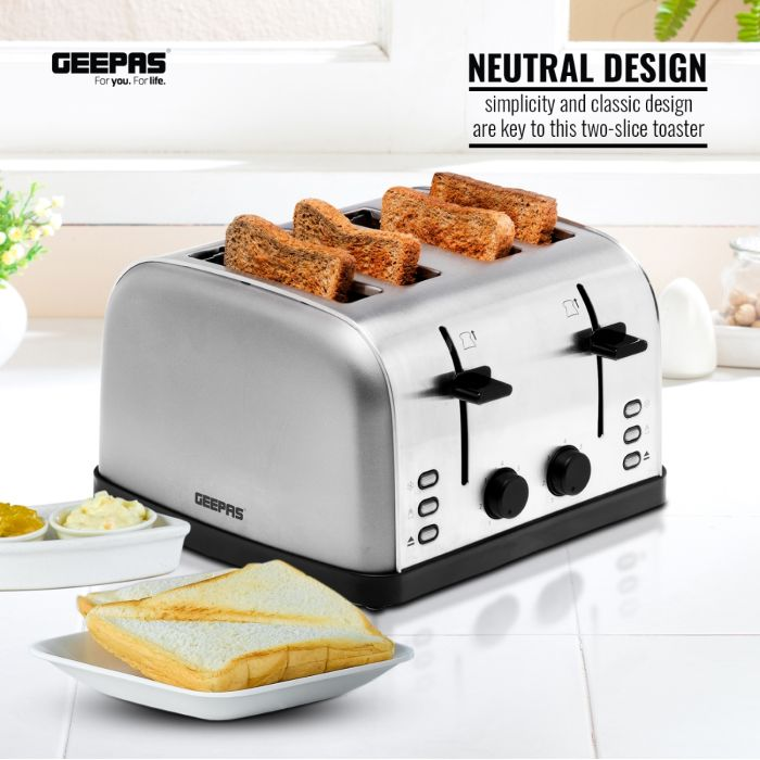 1500W 4 Slices Bread Toaster, Crumb Tray, Cord Storage, 7 Settings With Auto Centering - 2 Years Warranty