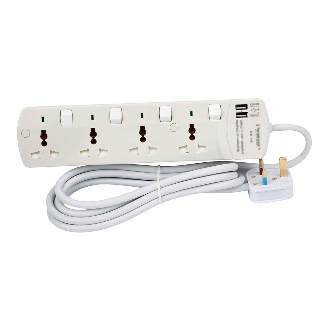 4 Way Universal Power Extension Socket With 2 USB