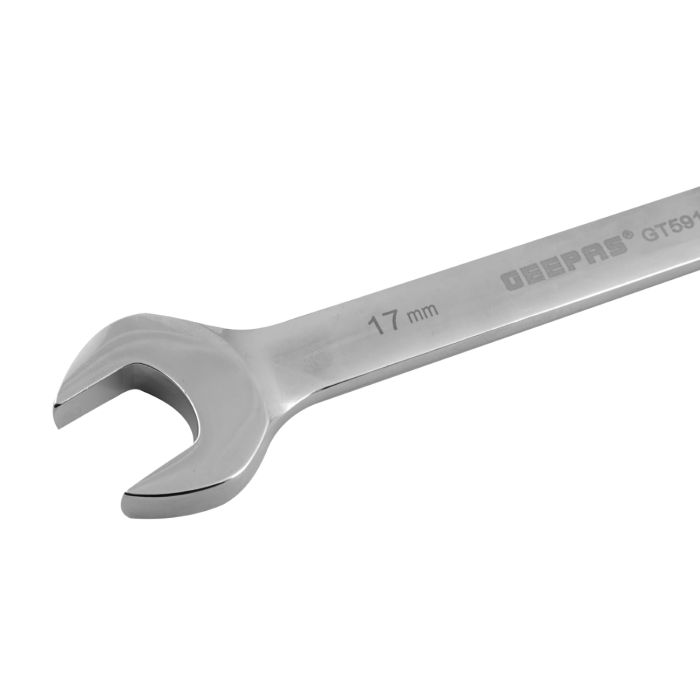 Geepas 17mm Gear Wrench With Plastic Hanger - Part Ring/Open-Ended Spanner With Ratchet Function | CRV, Mirror Finish | Ideal For Mechanic, Plumbers, Carpenter, DIYers And More