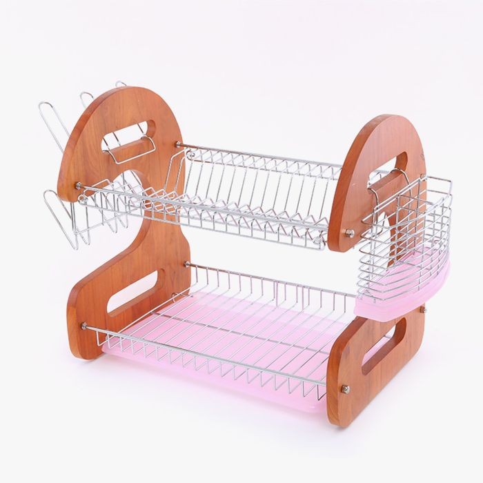 Kitchen 2 Tier Stainless Steel Dish Drainer Rack Utensil Holder, Drying Rack, With Plastic Trays & Organization Shelf Compact, Durable & Easy To Assemble Strong Wooden Stands