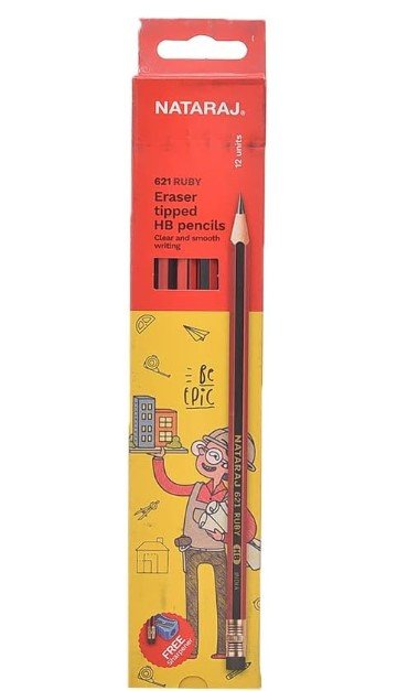 Nataraj 621 RUBY HB Eraser Tipped Pencil Pack Of 12 Pencils With Sharpener - Black Red